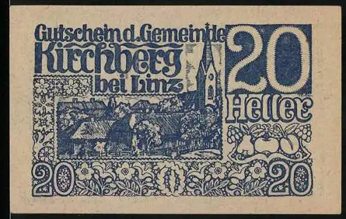 Notgeld Kirchberg bei Linz 1920, 20 Heller, ländliche Szenerie und landwirtschaftliche Motive