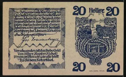 Notgeld Kirchberg bei Linz 1920, 20 Heller, ländliche Szenerie und landwirtschaftliche Motive