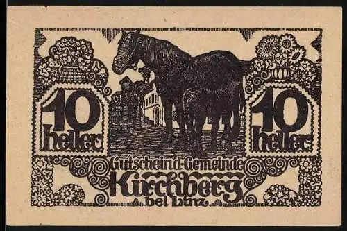 Notgeld Kirchberg bei Linz 1920, 10 Heller, Pferde und ländliche Szene mit Mühlrad