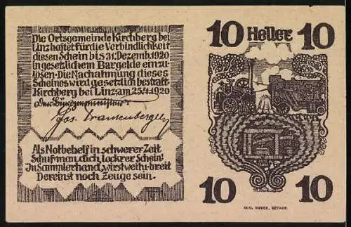 Notgeld Kirchberg bei Linz 1920, 10 Heller, Pferde und ländliche Szene mit Mühlrad