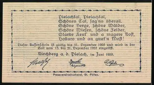 Notgeld Kirchberg an der Pielach 1920, 50 Heller, Landschaftsansicht mit Gedichttext