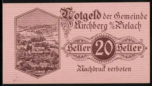 Notgeld Kirchberg an der Pielach 1920, 20 Heller, Landschaftsmotiv mit Gebäuden und Gedicht