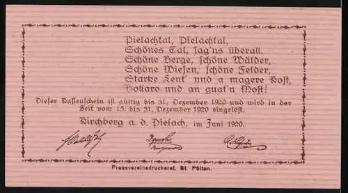 Notgeld Kirchberg an der Pielach 1920, 20 Heller, Landschaftsmotiv mit Gebäuden und Gedicht