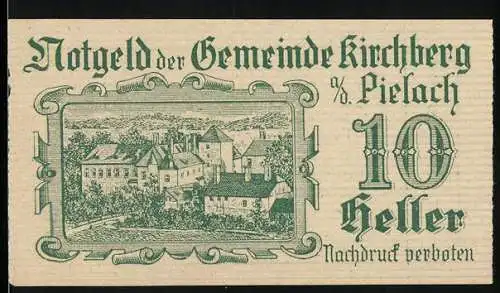 Notgeld Kirchberg a.d. Pielach 1920, 10 Heller, Landschaftsmotiv mit Gebäuden und Pielachtal-Gedicht