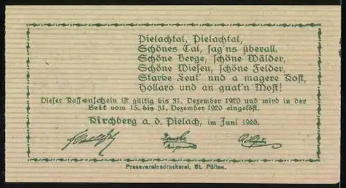 Notgeld Kirchberg a.d. Pielach 1920, 10 Heller, Landschaftsmotiv mit Gebäuden und Pielachtal-Gedicht