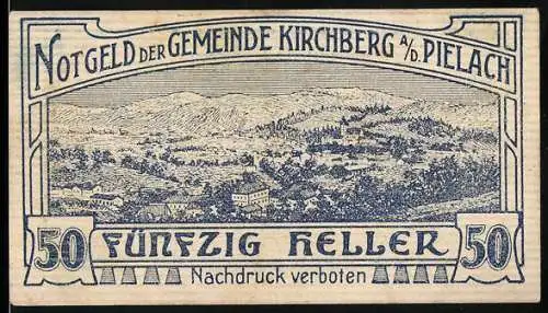 Notgeld Kirchberg an der Pielach 1920, 50 Heller, Landschaft mit Dorfansicht und Gedicht über das Pielachtal