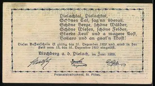 Notgeld Kirchberg an der Pielach 1920, 50 Heller, Landschaft mit Dorfansicht und Gedicht über das Pielachtal