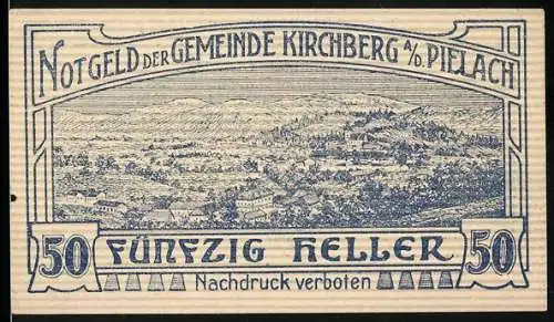 Notgeld Kirchberg an der Pielach 1920, 50 Heller, Landschaftsansicht mit Gedicht und Unterschriften