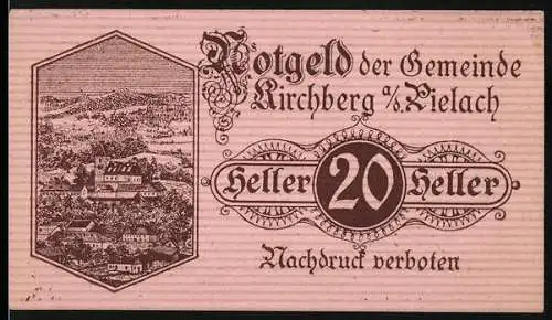 Notgeld Kirchberg a. d. Pielach 1920, 20 Heller, Landschaftsansicht und Gedicht über das Pielachtal