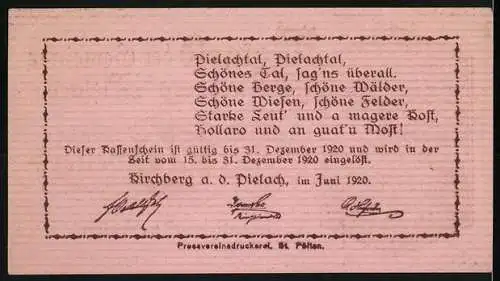 Notgeld Kirchberg a. d. Pielach 1920, 20 Heller, Landschaftsansicht und Gedicht über das Pielachtal