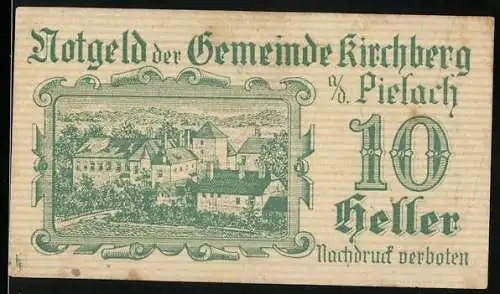 Notgeld Kirchberg an der Pielach 1920, 10 Heller, Ansicht der Gemeinde und Gedicht Pielachtal