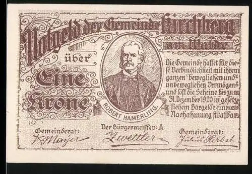 Notgeld Kirchberg am Walde 1920, 1 Krone, Porträt von Robert Hamerling, Gedichtauszug auf Rückseite