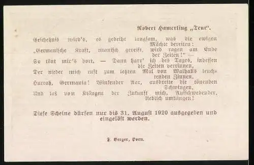 Notgeld Kirchberg am Walde 1920, 1 Krone, Porträt von Robert Hamerling, Gedichtauszug auf Rückseite