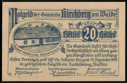 Notgeld Kirchberg am Walde 1920, 20 Heller, Robert Hamerlings Geburtshaus, Gedicht Germanenzug