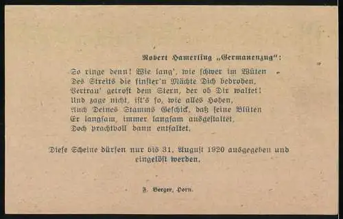 Notgeld Kirchberg am Walde 1920, 20 Heller, Robert Hamerlings Geburtshaus, Gedicht Germanenzug