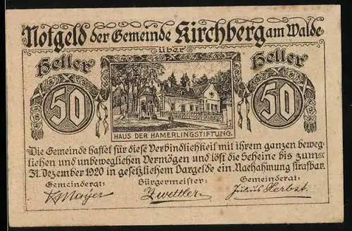 Notgeld Kirchberg am Walde 1920, 50 Heller, Haus der Hamerlingstiftung