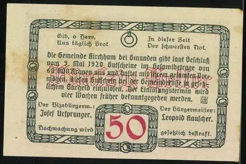 Notgeld Kirchham 1920, 50 Heller, Landschaft mit Erntearbeitern und Dorfansicht