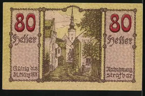 Notgeld Kirchdorf 1921, 80 Heller, Stadtansicht und Stadttor mit Türmen, gültig bis März 1924