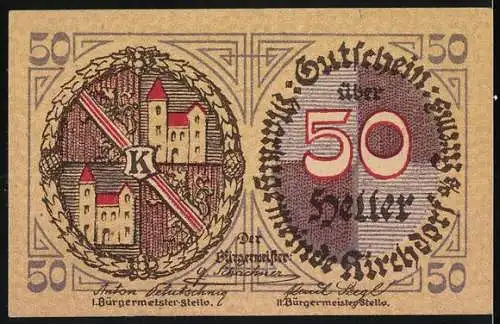 Notgeld Kirchdorf 1921, 50 Heller, Altstadtansicht und Wappen von Kirchhof