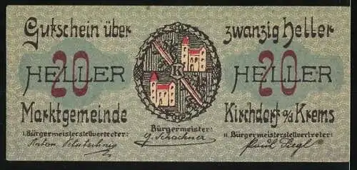 Notgeld Kirchdorf an der Krems 1921, 20 Heller, Landschaftspanorama und Wappen mit Burgmotiv