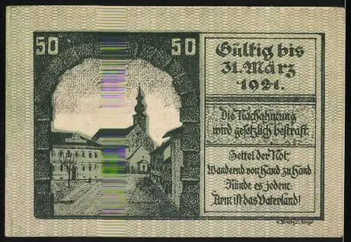 Notgeld Kirchdorf 1921, 50 Heller, Burg und Stadtansicht, Wappen, gültig bis 31. März 1921