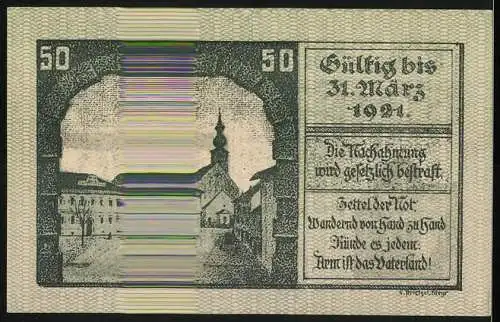 Notgeld Kirchdorf a.d. Krems 1921, 50 Heller, Burgansicht und Wappen, Stadtansicht mit Kirche