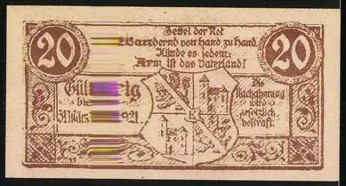 Notgeld Kirchdorf 1921, 20 Heller, Textmotiv und Wappen mit Schlüsselsymbol