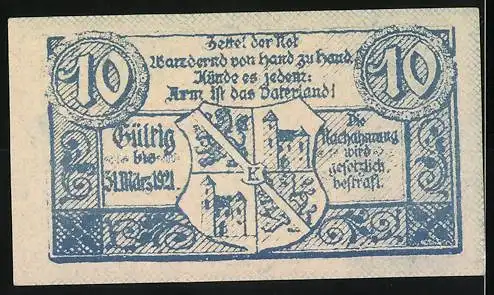 Notgeld Kirchdorf 1921, 10 Heller, stilisierte Stadtansicht mit Wappen, Gültigkeitstext