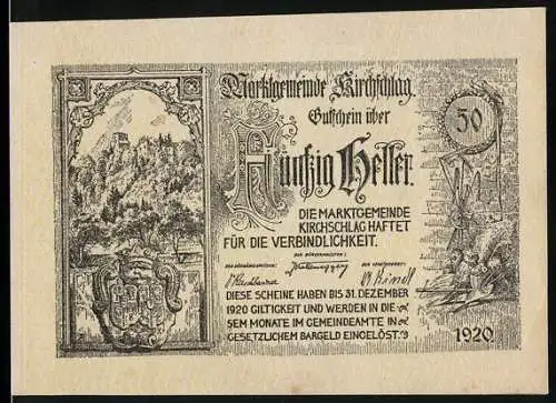 Notgeld Kirchschlag 1920, 50 Heller, Burgansicht und Wappen, mit Unterschriften