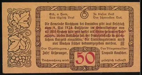 Notgeld Kirchham 1920, 50 Heller, Burgansicht und Dorfkirche, dekorative Umrandung mit Blättern und Trauben