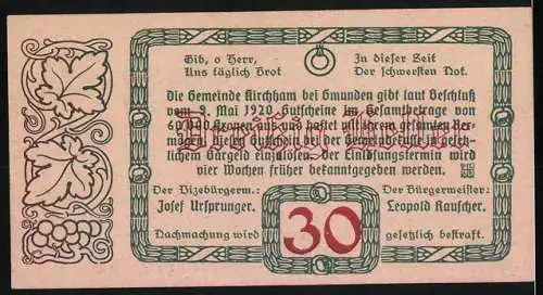 Notgeld Kirchham 1920, 30 Heller, Burgenlandschaft und Textumrahmung mit Weinrebenmuster