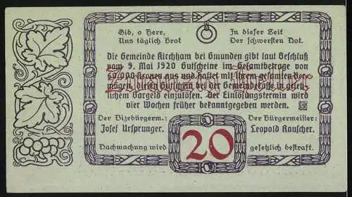 Notgeld Kirchham 1920, 20 Heller, malerisches Ortsbild mit Kirche und Gebäuden, dekorative Umrahmung