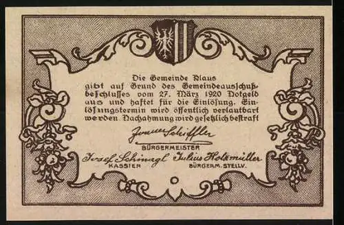 Notgeld Klaus 1920, 50 Heller, Landschaftsmotiv mit Bergdorf und Wappen, Signaturen des Bürgermeisters und Kassiers