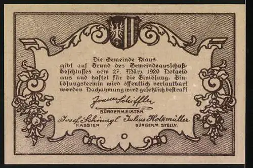 Notgeld Klaus 1920, 50 Heller, Berglandschaft und Wappen