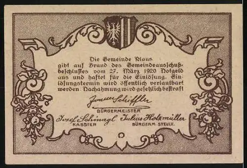 Notgeld Klaus 1920, 50 Heller, Dorflandschaft und Wappen, Gemeindeausschussbeschluss vom 27. März 1920