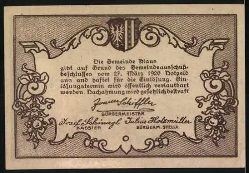 Notgeld Klaus 1920, 20 Heller, Darstellung der Festung Klaus und Wappen