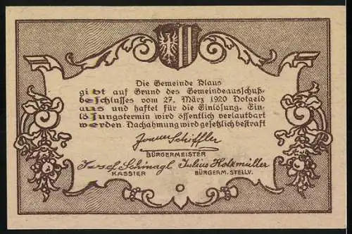 Notgeld Klaus 1920, 50 Heller, Berglandschaft und Gemeindewappen