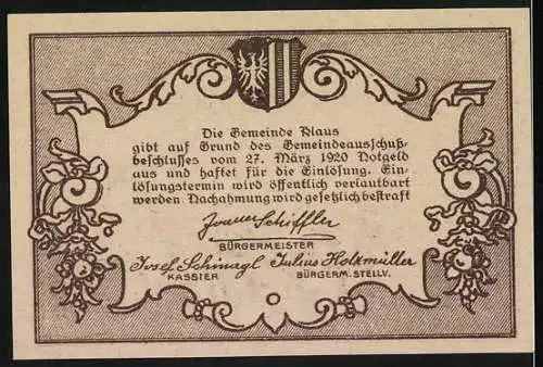 Notgeld Klaus 1920, 20 Heller, Burgansicht und Wappen, Seriennummer enthalten