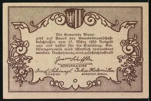 Notgeld Klaus 1920, 50 Heller, Landschaft mit Kirche und Wappen, Unterschriften der Gemeindevertreter