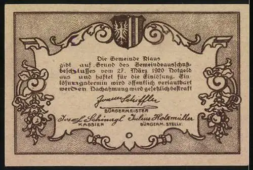 Notgeld Klaus 1920, 20 Heller, Landschaft mit Burg und Wappen, Seriennummer vorhanden