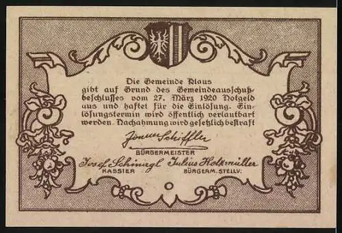 Notgeld Klaus 1920, 50 Heller, Landschaftspanorama und Wappen, Seriennummer vorhanden