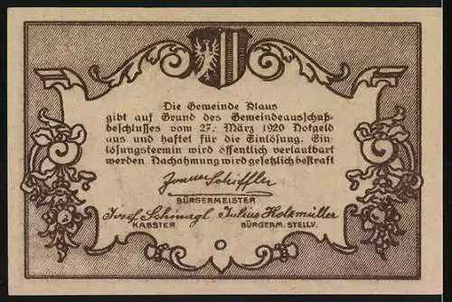 Notgeld Klaus 1920, 20 Heller, Burgansicht mit Wappen und dekorativem Rahmen