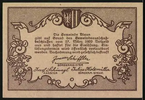 Notgeld Klaus 1920, 50 Heller, Berglandschaft und Gemeindehaus mit Wappen