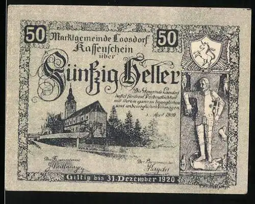 Notgeld Loosdorf 1920, 50 Heller, Kirche und Ritter mit Wappen