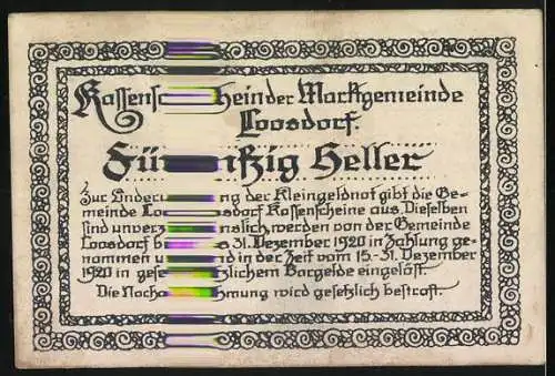 Notgeld Loosdorf 1920, 50 Heller, Kirche und Ritter mit Wappen
