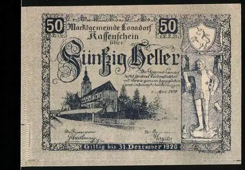 Notgeld Loosdorf 1920, 50 Heller, Burgansicht und Ritter, gültig bis 31. Dezember 1920