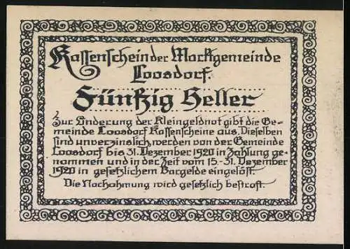 Notgeld Loosdorf 1920, 50 Heller, Burgansicht und Ritter, gültig bis 31. Dezember 1920