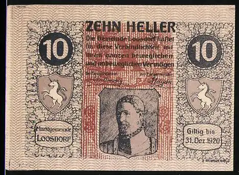 Notgeld Loosdorf 1920, 10 Heller, Mannsporträt mit Löwenwappen, gültig bis 31. Dezember 1920