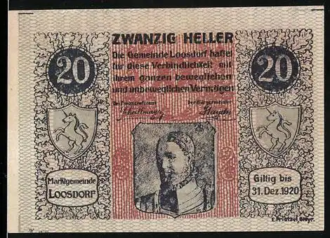 Notgeld Loosdorf 1920, 20 Heller, Porträt, zwei Wappen, gültig bis 31. Dez. 1920