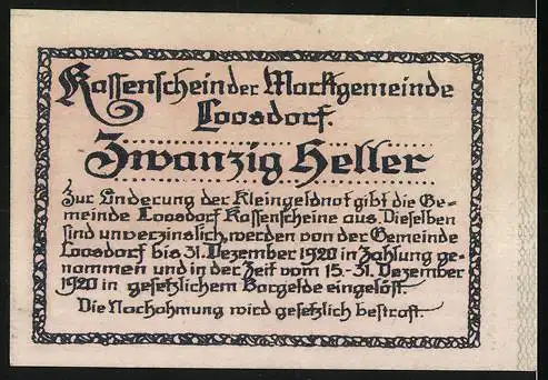 Notgeld Loosdorf 1920, 20 Heller, Porträt, zwei Wappen, gültig bis 31. Dez. 1920